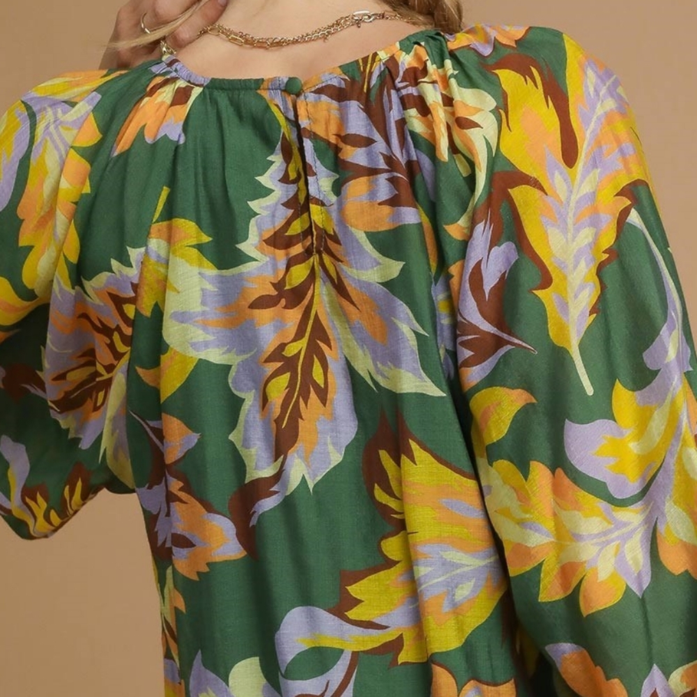 Umgee Retro Abstract Shirt Pleated 70s Round Neck Top Long Balloon Sleeve Blouse - Picture 14 of 16